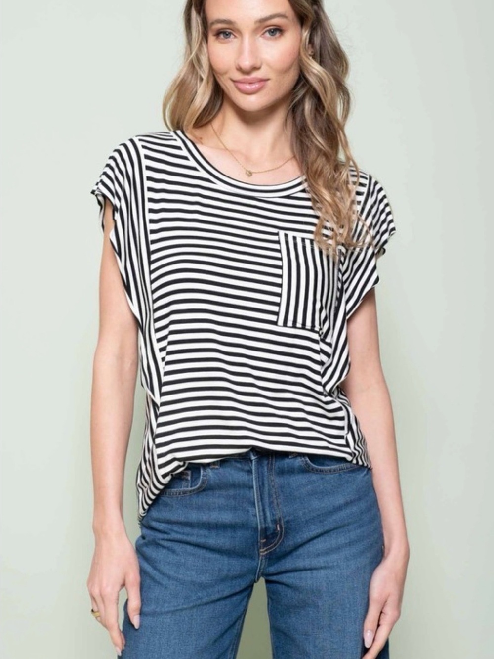Women’s Black & White Striped Pocket Tee